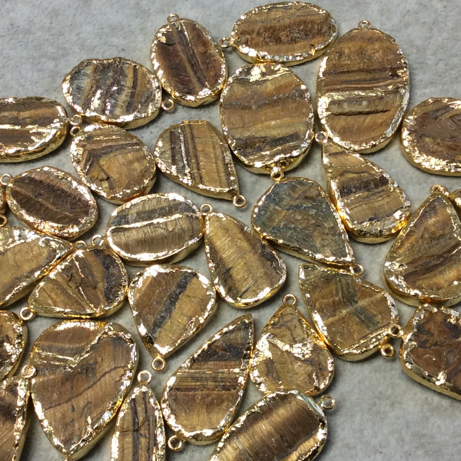 OOAK Gold Electroplated Natural Raw Metallic Tiger's Eye Teardrop/Pear Shaped Slab/Slice Pendant - Measuring 18mm x 31mm, Approximately