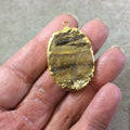OOAK Gold Electroplated Natural Raw Metallic Tiger's Eye Vertical Oval Shaped Slab/Slice Pendant - Measuring 25mm x 34mm, Approximately