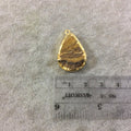 OOAK Gold Electroplated Natural Raw Metallic Tiger's Eye Teardrop/Pear Shaped Slab/Slice Pendant - Measuring 18mm x 25mm, Approximately