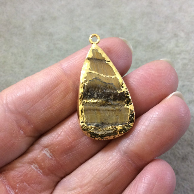 OOAK Gold Electroplated Natural Raw Metallic Tiger's Eye Teardrop/Pear Shaped Slab/Slice Pendant - Measuring 18mm x 31mm, Approximately