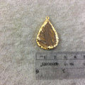 OOAK Gold Electroplated Natural Raw Metallic Tiger's Eye Teardrop/Pear Shaped Slab/Slice Pendant - Measuring 22mm x 32mm, Approximately