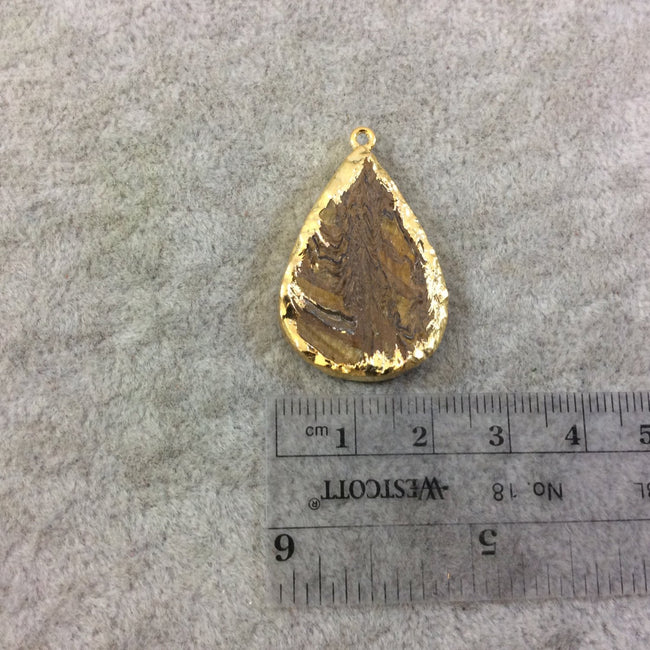 OOAK Gold Electroplated Natural Raw Metallic Tiger's Eye Teardrop/Pear Shaped Slab/Slice Pendant - Measuring 22mm x 32mm, Approximately
