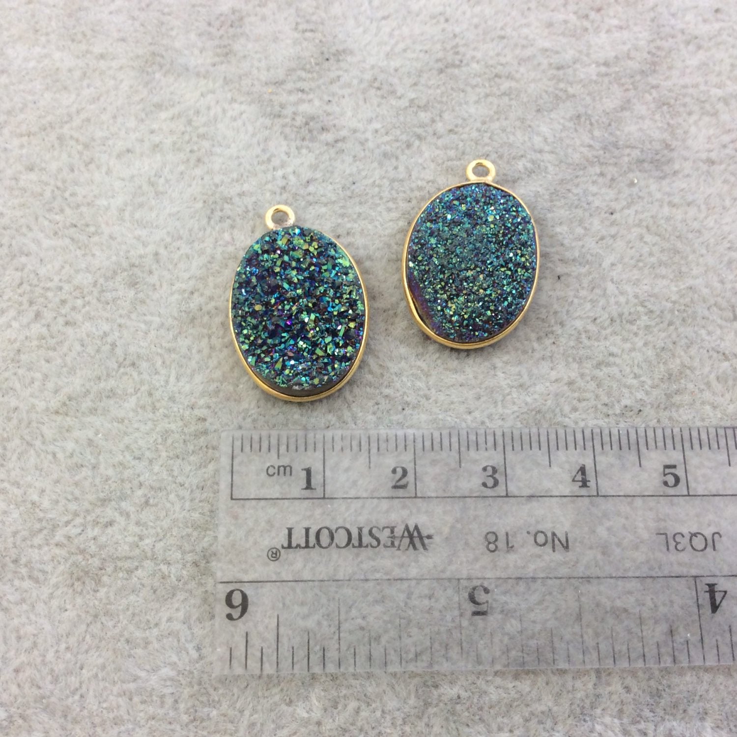 Gold Electroplated Natural Green/Blue Titanium Druzy Agate Oval Shaped Bezel Pendant - Measuring 15mm x 20mm, Approx. - Individual, Random