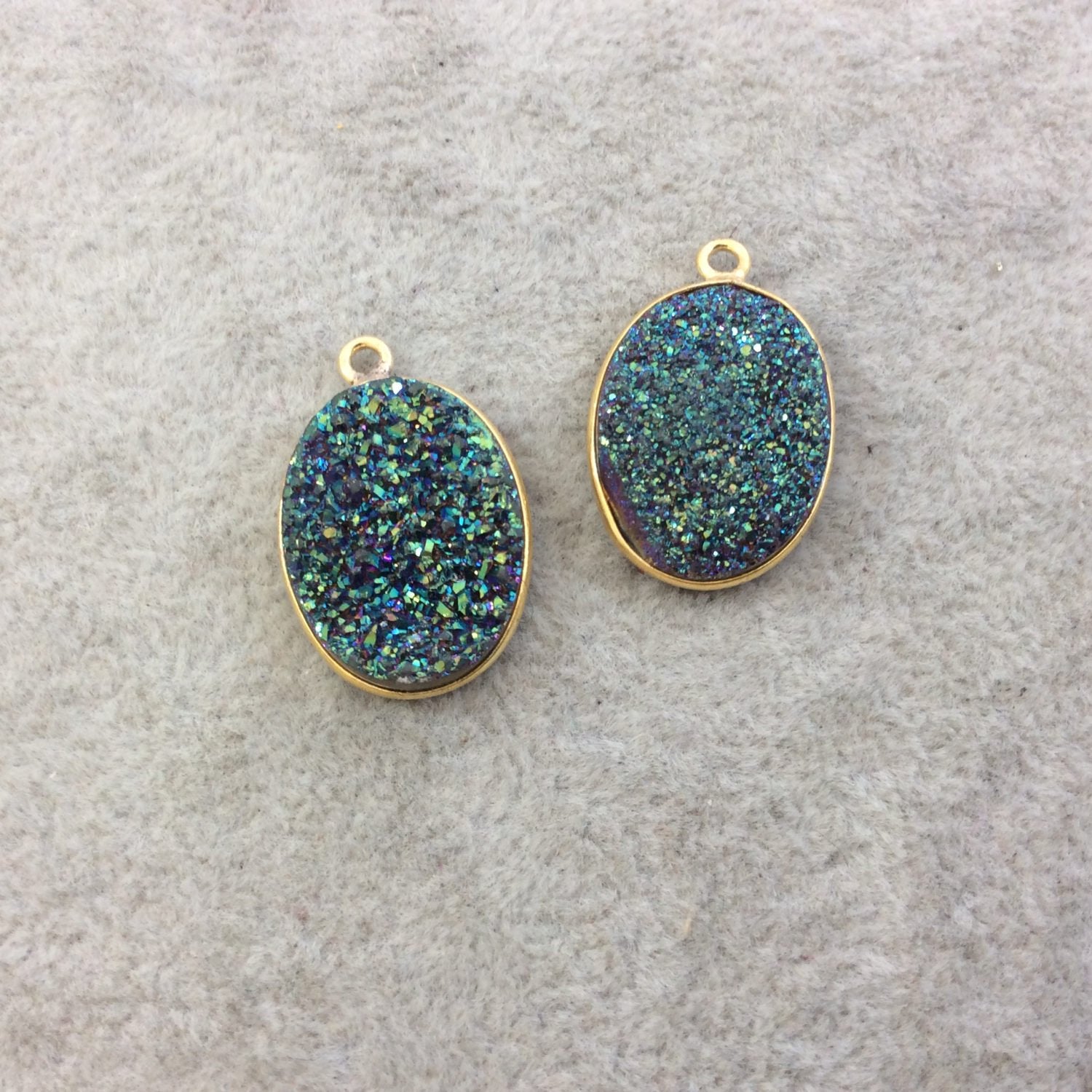 Gold Electroplated Natural Green/Blue Titanium Druzy Agate Oval Shaped Bezel Pendant - Measuring 15mm x 20mm, Approx. - Individual, Random