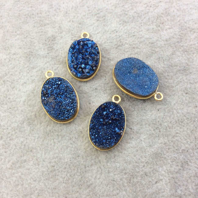 Gold Electroplated Natural Deep Blue Titanium Druzy Agate Oval Shaped Bezel Pendant - Measuring 13mm x 18mm, Approx. - Individual, Random