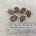 Gold Electroplated Natural Purple/Gold Titanium Druzy Agate Oval Shaped Bezel Pendant - Measuring 13mm x 18mm, Approx. - Individual, Random