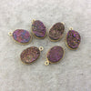 Gold Electroplated Natural Purple/Gold Titanium Druzy Agate Oval Shaped Bezel Pendant - Measuring 13mm x 18mm, Approx. - Individual, Random