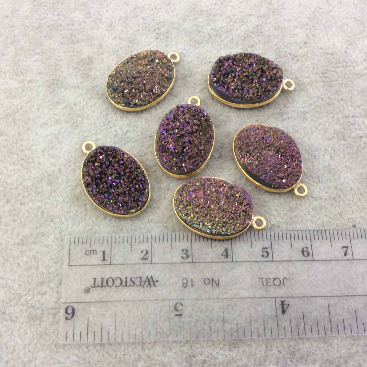 Gold Electroplated Natural Purple/Gold Titanium Druzy Agate Oval Shaped Bezel Pendant - Measuring 15mm x 20mm, Approx. - Individual, Random
