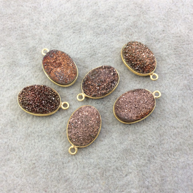 Druzy Agate Bezel | Gold Electroplated Natural Peach Brown Titanium Oval Shaped Pendant - Measuring 13mm x 18mm, Approx. - Individual