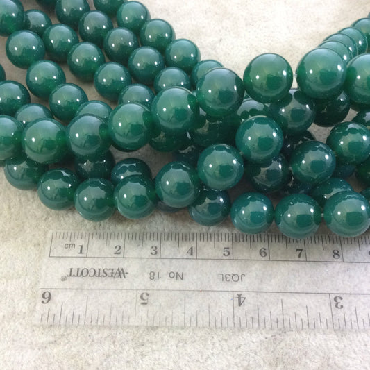 12mm Smooth Dyed Pine Green Agate Round/Ball Shaped Beads with 1mm Holes - Sold by 15" Strands (Approx. 33 Beads) - High Quality Gemstone
