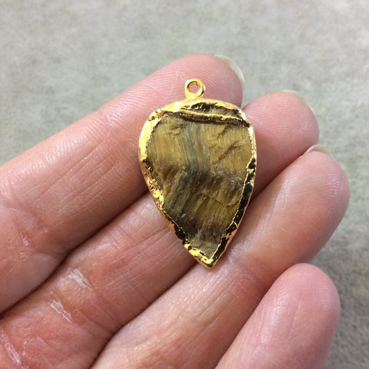 OOAK Gold Electroplated Natural Raw Metallic Tiger's Eye Inverted Teardrop Shaped Slab/Slice Pendant - Measuring 19mm x 28mm, Approximately
