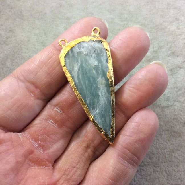 OOAK Gold Electroplated Natural Rough Mint Green Amazonite Inverted Teardrop Shape Slab/Slice Focal Pendant - Measuring 21mm x 47mm, Approx.