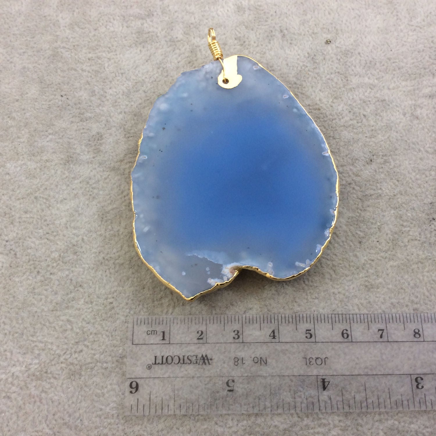OOAK Extra Large Gold Electroplated Light Blue Druzy Freeform Shaped Agate Slice Focal Pendant - Measuring 61mm x 78mm, Approximately