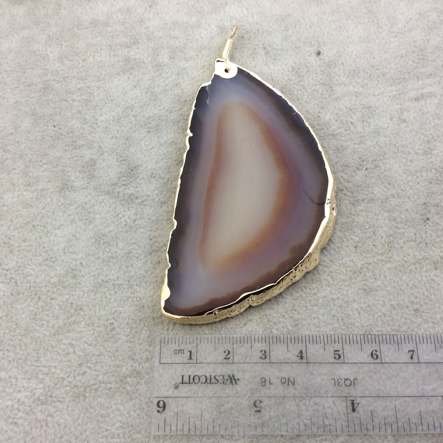 OOAK Extra Large Gold Electroplated Brown/Gray Druzy Freeform Shaped Agate Slice Focal Pendant - Measuring 49mm x 90mm, Approximately