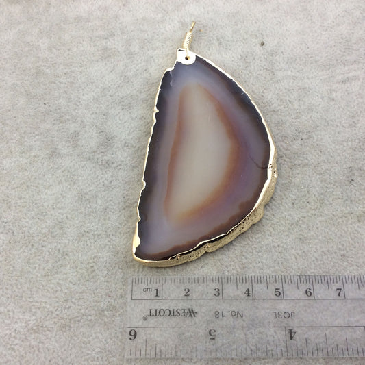 OOAK Extra Large Gold Electroplated Brown/Gray Druzy Freeform Shaped Agate Slice Focal Pendant - Measuring 49mm x 90mm, Approximately