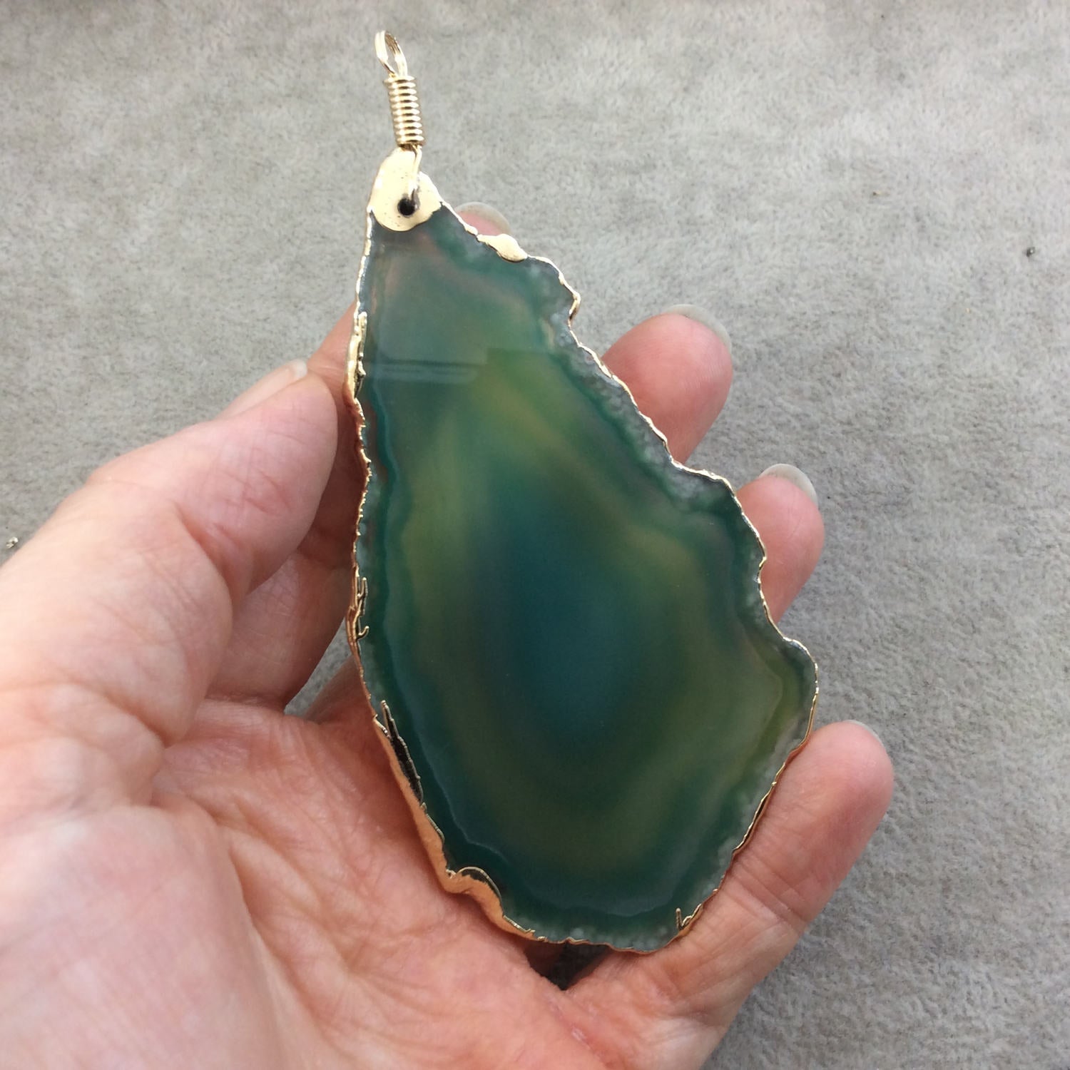 OOAK Extra Large Gold Electroplated Mixed Green Druzy Freeform Shape Agate Slice Focal Pendant - Measuring  54mm x 110mm, Approximately