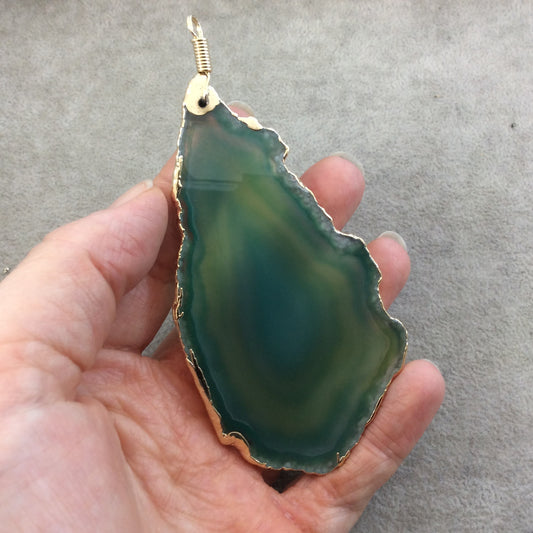 OOAK Extra Large Gold Electroplated Mixed Green Druzy Freeform Shape Agate Slice Focal Pendant - Measuring  54mm x 110mm, Approximately