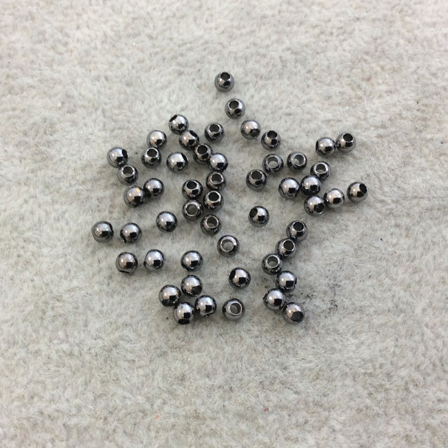 3mm Glossy Finish Gunmetal Plated Brass Round/Ball Shaped Metal Spacer Beads with 1mm Holes - Loose, Sold in Pre-Packed Bags of 50 Beads