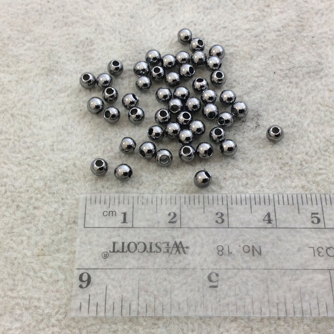 4mm Glossy Finish Gunmetal Plated Brass Round/Ball Shaped Metal Spacer Beads with 1mm Holes - Loose, Sold in Pre-Packed Bags of 50 Beads