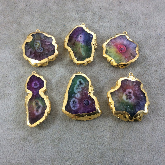 Medium Gold Electroplated Rainbow Dyed Druzy Solar Quartz Freeform Shaped Pendant - Measuring 30-35mm Approx. - Sold Individually, Random