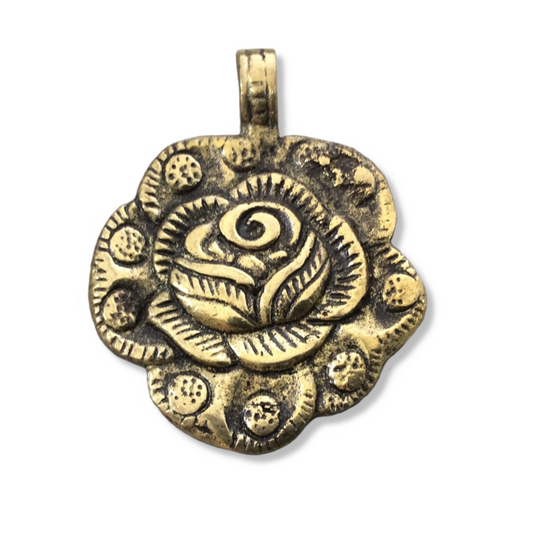 2" Heavy Oxidized Brass Detailed Blooming Rose/Flower Shape Pendant with Attached Bail  - Measuring 51mm x 62mm, Approx. - Sold Individually