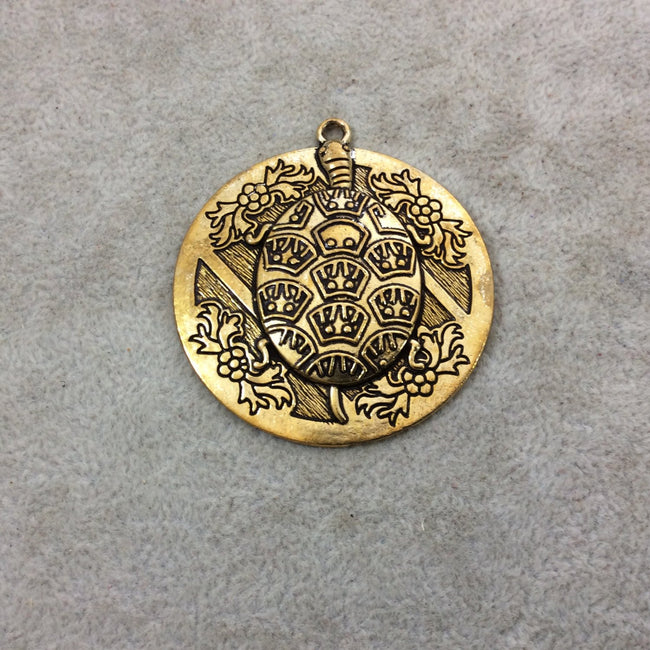 2" Oxidized Gold Plated Turtle Patterned Large Circle/Medallion Shaped Focal Pendant - Measuring 49mm x 49mm, Approx. - Sold Individually