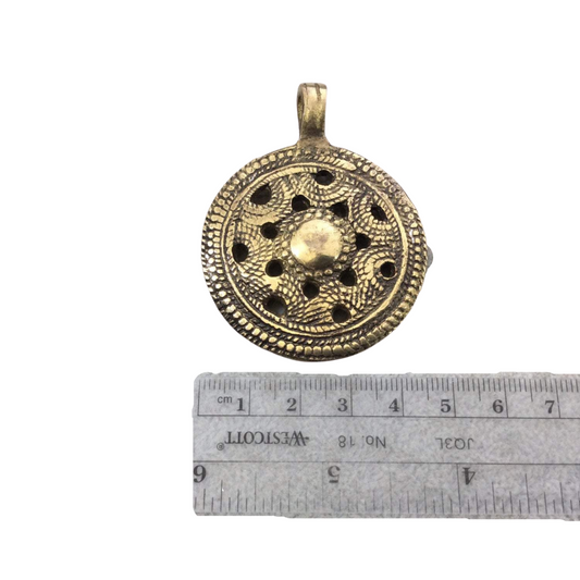 1.75" Heavy Oxidized Brass Textured Mandala Medallion Shape Pendant with Attached Bail  - Measuring 47mm x61mm, Approx. - Sold Individually