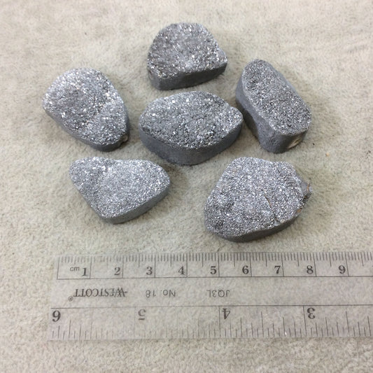 Single OOAK Metallic Silver Coated Druzy Stone Freeform Shaped Drilled Beads - Measuring 30-40mm Long, Approx. - Sold Individually, Random
