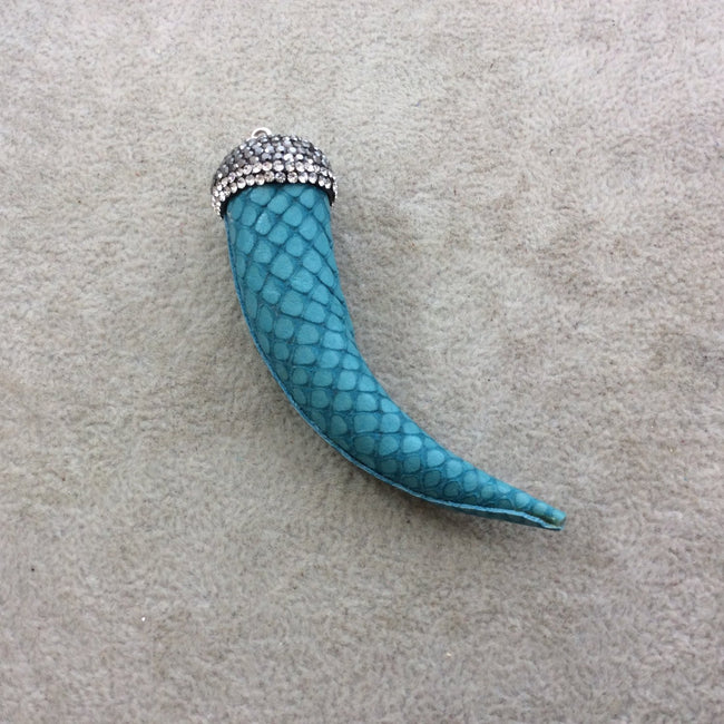 3" Pave Rhinestone Encrusted Teal Blue Snakeskin Faux Leather Tusk/Claw Pendant with Silver Plated Bail - Measuring 20mm x 74mm, Approx.