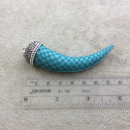 3" Pave Rhinestone Encrusted Teal Blue Snakeskin Faux Leather Tusk/Claw Pendant with Silver Plated Bail - Measuring 20mm x 74mm, Approx.