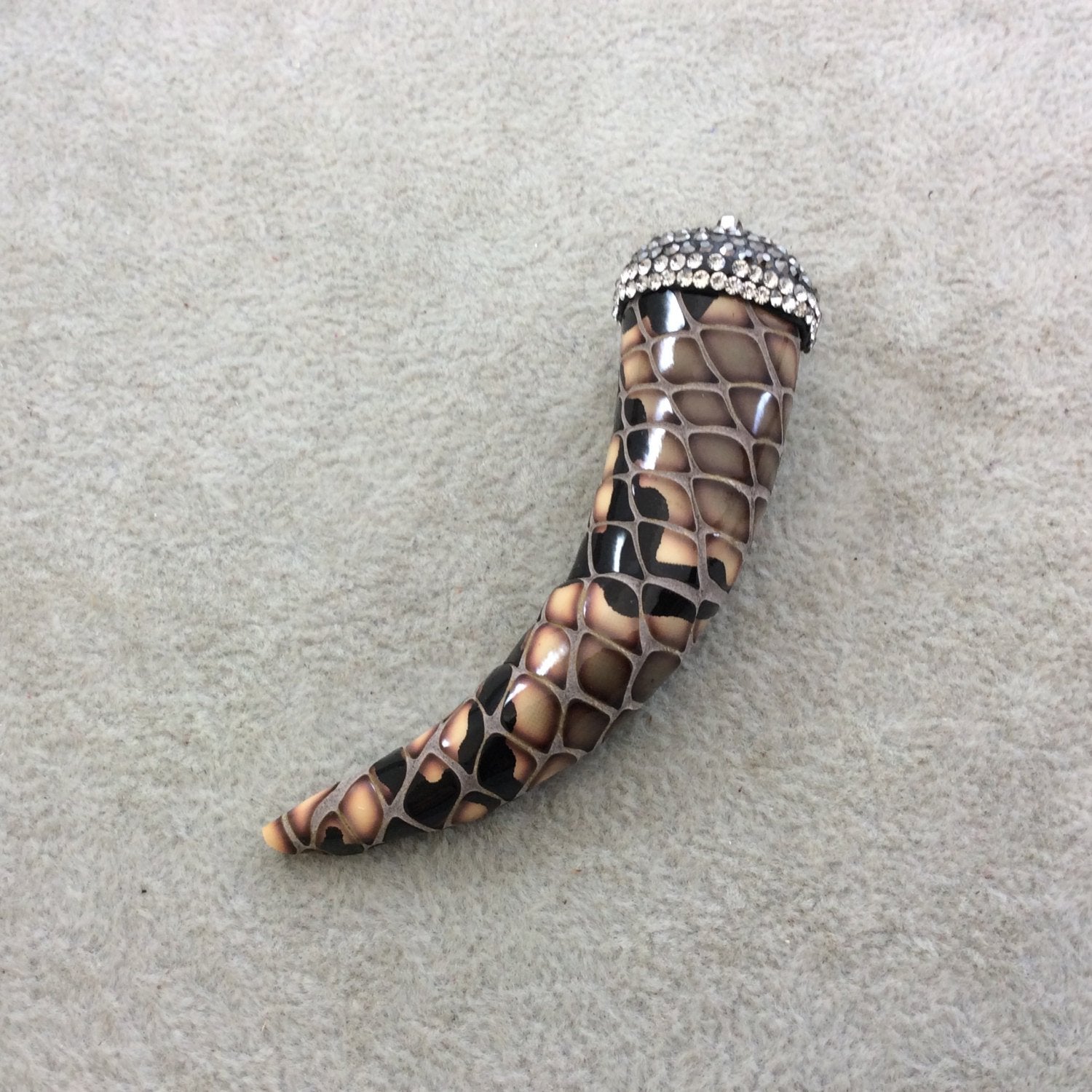 3" Pave Rhinestone Encrusted Pink/Brown Snakeskin Faux Leather Tusk/Claw Pendant with Silver Plated Bail - Measuring 20mm x 74mm, Approx.