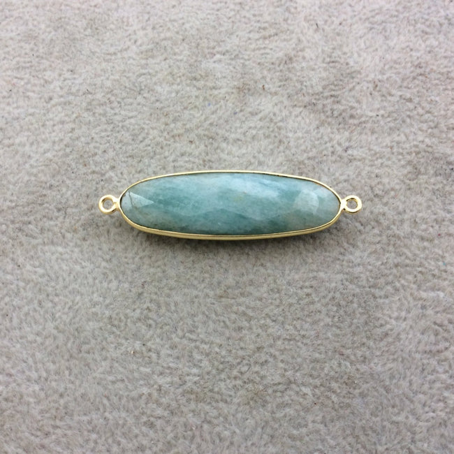 Gold Plated Natural Amazonite Faceted Oblong Oval Shaped Copper Bezel Connector - Measures 12mm x 40mm - Sold Individually, Random