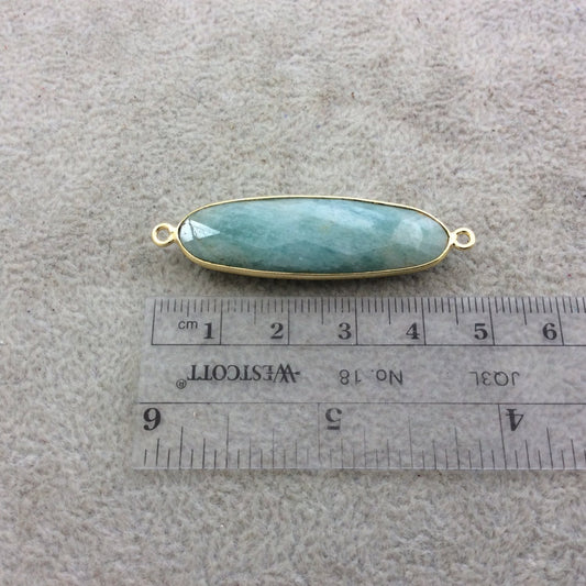 Gold Plated Natural Amazonite Faceted Oblong Oval Shaped Copper Bezel Connector - Measures 12mm x 40mm - Sold Individually, Random