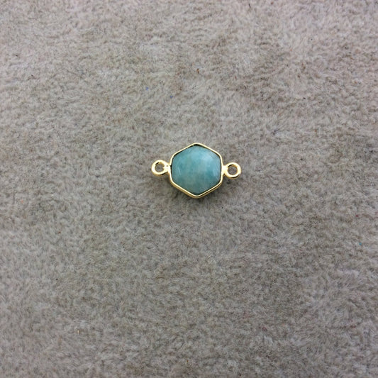 Gold Plated Natural Amazonite Faceted Hexagon Shaped Copper Bezel Connector/Link - Measures 10mm x 10mm - Sold Individually, Random