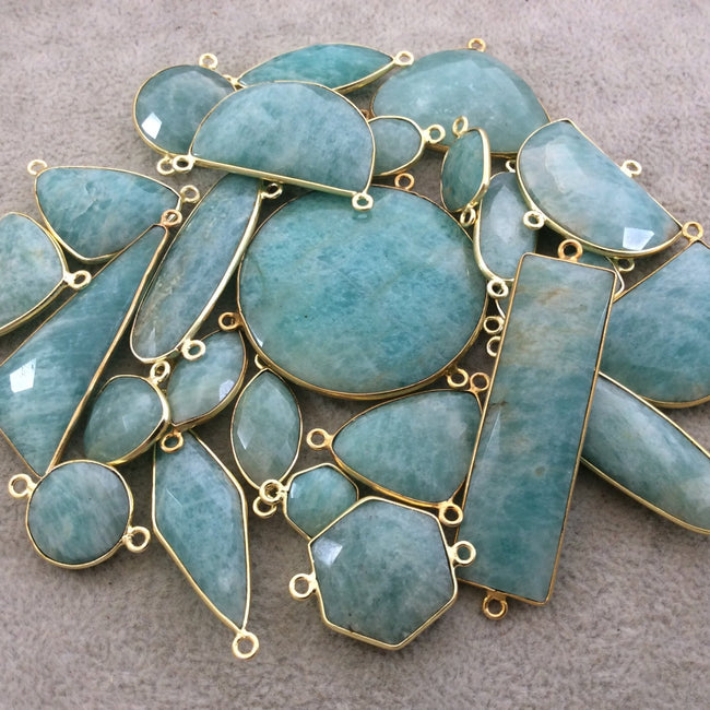 Gold Plated Natural Amazonite Faceted Rectangle/Bar Shaped Copper Bezel Connector - Measures 14mm x 49mm - Sold Individually, Random
