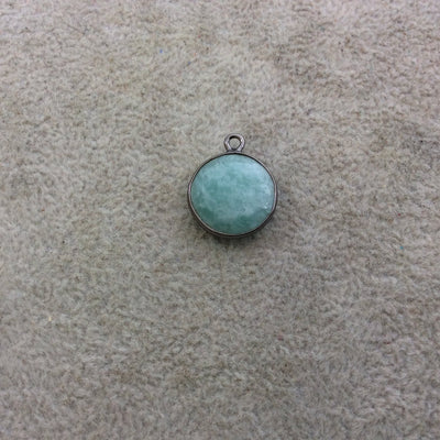 Gunmetal Plated Natural Amazonite Faceted Round/Coin Shaped Copper Bezel Pendant - Measures 15mm x 15mm - Sold Individually, Random