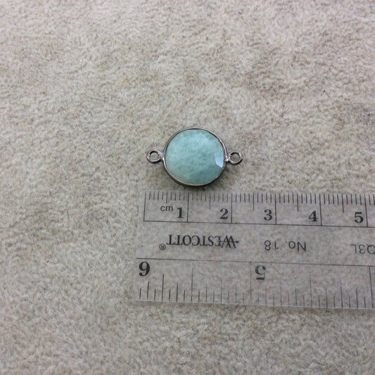 Gunmetal Plated Natural Amazonite Faceted Round/Coin Shaped Copper Bezel Connector/Link - Measures 14mm x 14mm - Sold Individually, Random