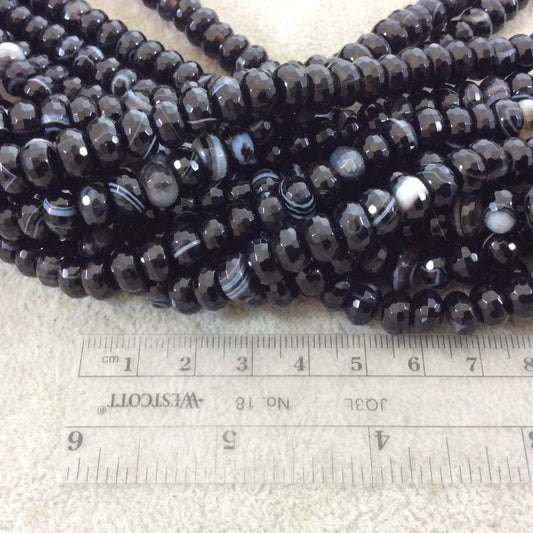 5mm x 8mm Faceted Banded Black Agate Rondelle Shaped Beads with 1mm Holes - Sold by 15.75" Strands (Approx. 78 Beads) - Quality Gemstone