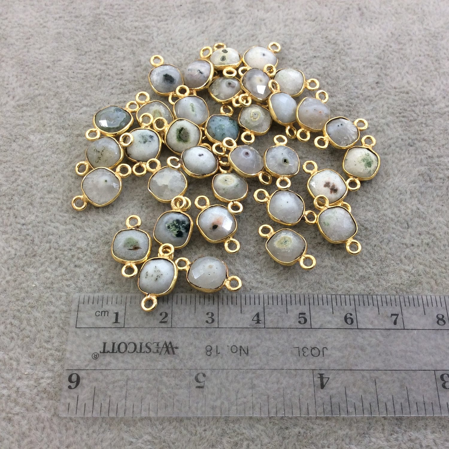 Gold Plated Faceted Natural White/Green Solar Quartz Square Shaped Bezel Connector - Measuring 8mm x 8mm - Sold Individually, RANDOM