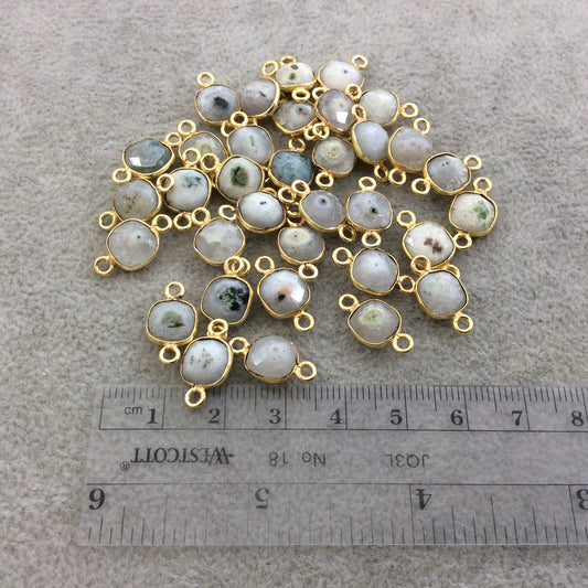 Gold Plated Faceted Natural White/Green Solar Quartz Square Shaped Bezel Connector - Measuring 8mm x 8mm - Sold Individually, RANDOM