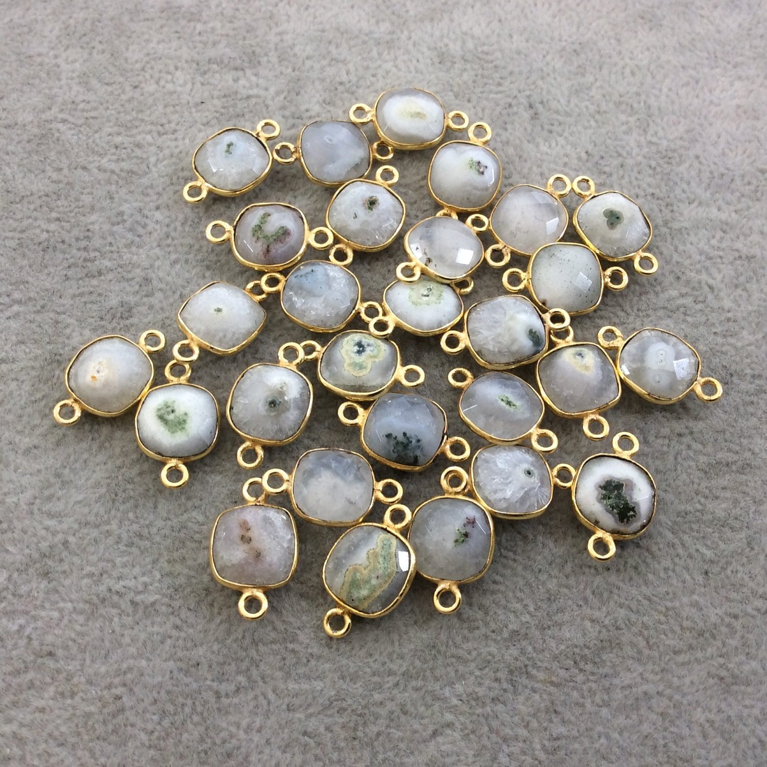 Gold Plated Faceted Natural White/Green Solar Quartz Square Shaped Bezel Connector - Measuring 10mm x 10mm - Sold Individually, RANDOM