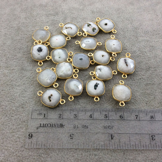 Gold Plated Faceted Natural White/Green Solar Quartz Square Shaped Bezel Connector - Measuring 12mm x 12mm - Sold Individually, RANDOM