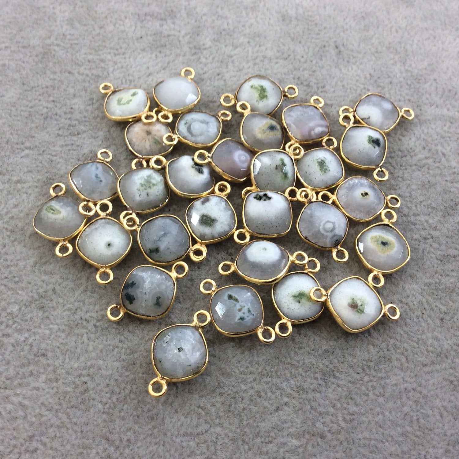 Gold Plated Faceted Natural White/Green Solar Quartz Diamond Shaped Bezel Connector - Measuring 10mm x 10mm - Sold Individually, RANDOM