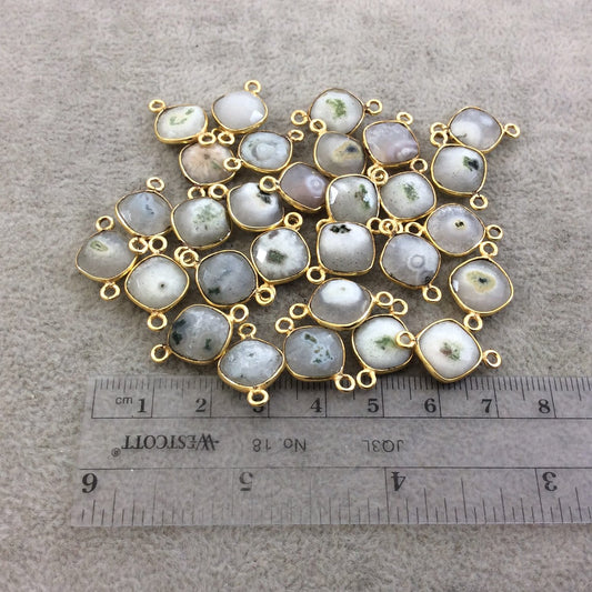 Gold Plated Faceted Natural White/Green Solar Quartz Diamond Shaped Bezel Connector - Measuring 10mm x 10mm - Sold Individually, RANDOM