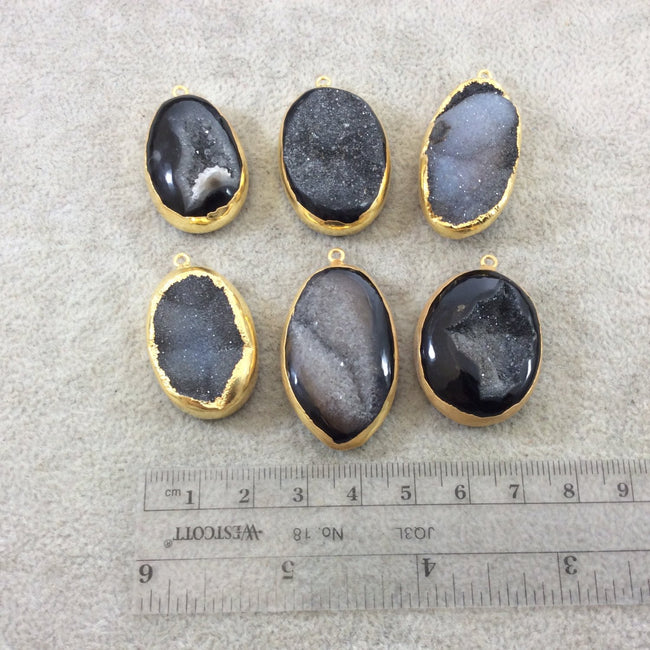 Large Gold Electroplated Black/Gray Druzy Agate Oblong Vertical Oval Shaped Pendant - Measuring 30-36mm Approx. - Sold Individually, Random