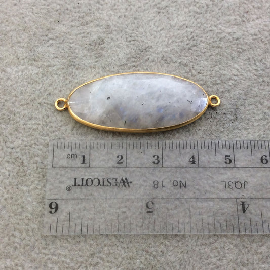 Gold Plated Natural Moonstone Flat Back Faceted Oblong Oval Shaped Copper Bezel Connector - Measures 15mm x 40mm - Sold Individually, Random