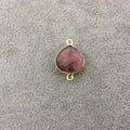 Gold Plated Natural Mixed Rhodonite Faceted Heart/Teardrop Shaped Copper Bezel Connector - Measures 14mm x 14mm - Sold Individually, Random