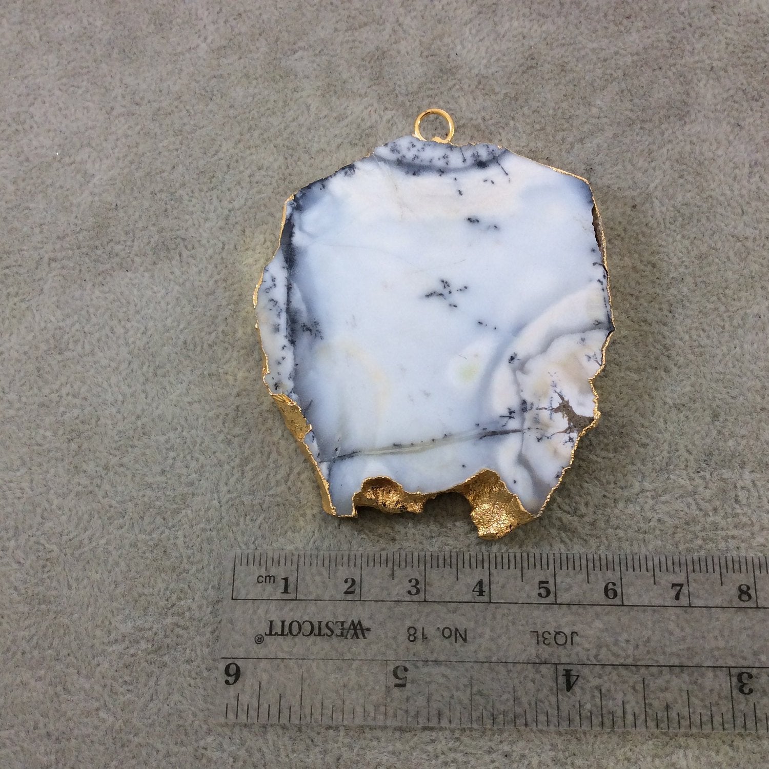 Single OOAK Extra-Large Sized Gold Plated Natural Matte Dendritic Opal Freeform Slab/Slice Shaped Pendant - Measuring 59mm x 70mm, Approx.