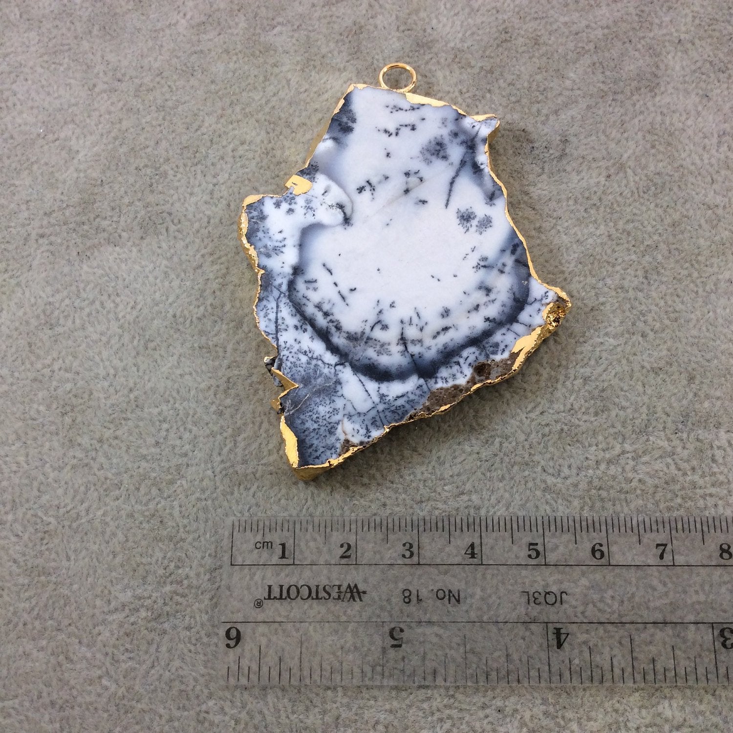 Single OOAK Extra-Large Sized Gold Plated Natural Matte Dendritic Opal Freeform Slab/Slice Shaped Pendant - Measuring 58mm x 73mm, Approx.