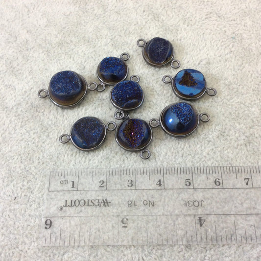 Gunmetal Plated Deep Blue Titanium Druzy Agate Freeform Round Shaped Bezel Connector - Measuring 12-14mm, Approx. - Individual, Random